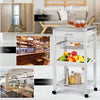 Kitchen island cart with stainless steel tabletop, pull-out drawer, and wire basket, ideal for kitchen or bar use.