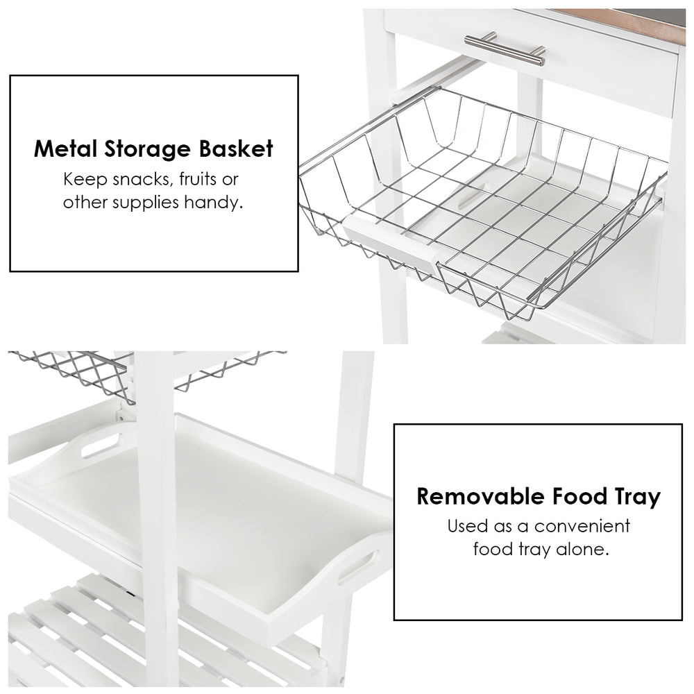 Metal storage basket and removable food tray on a kitchen island cart with stainless steel tabletop for versatile.