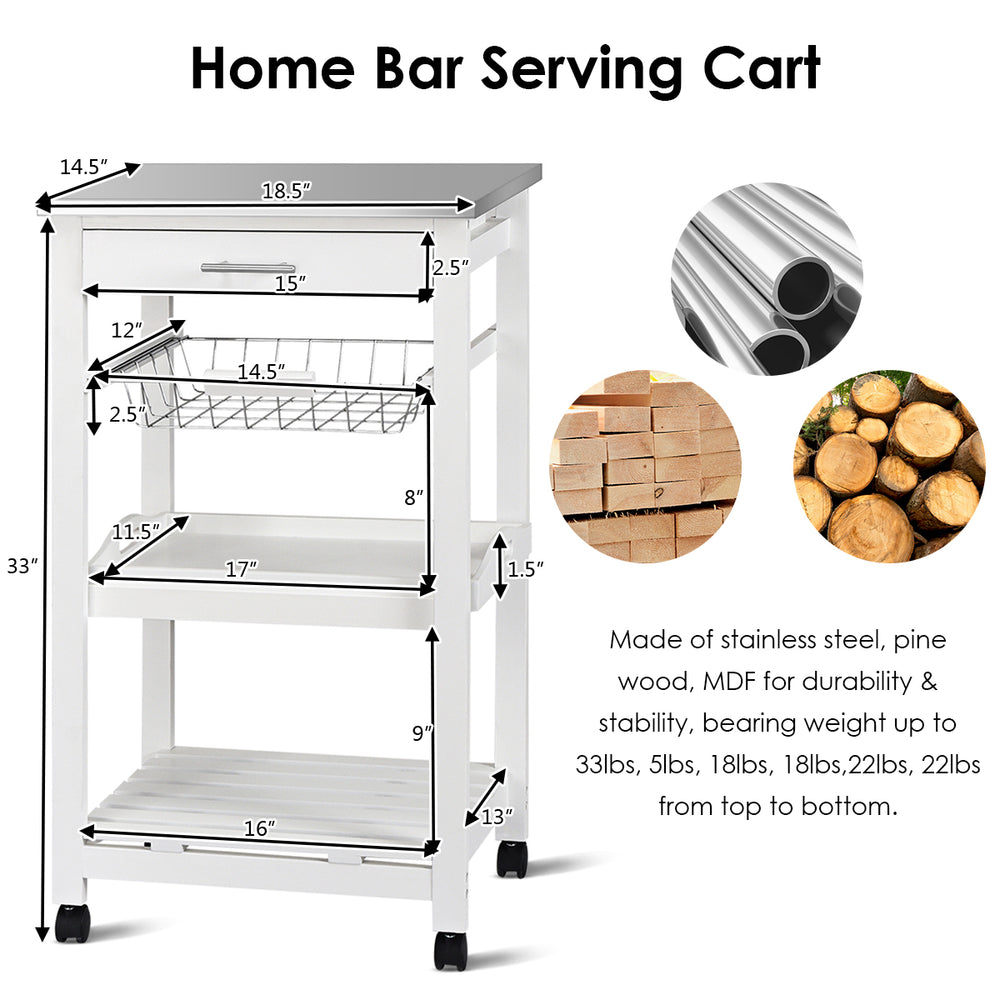 Side view of the kitchen island cart showcasing the MDF frame, removable tray, and spacious bottom shelf for added.