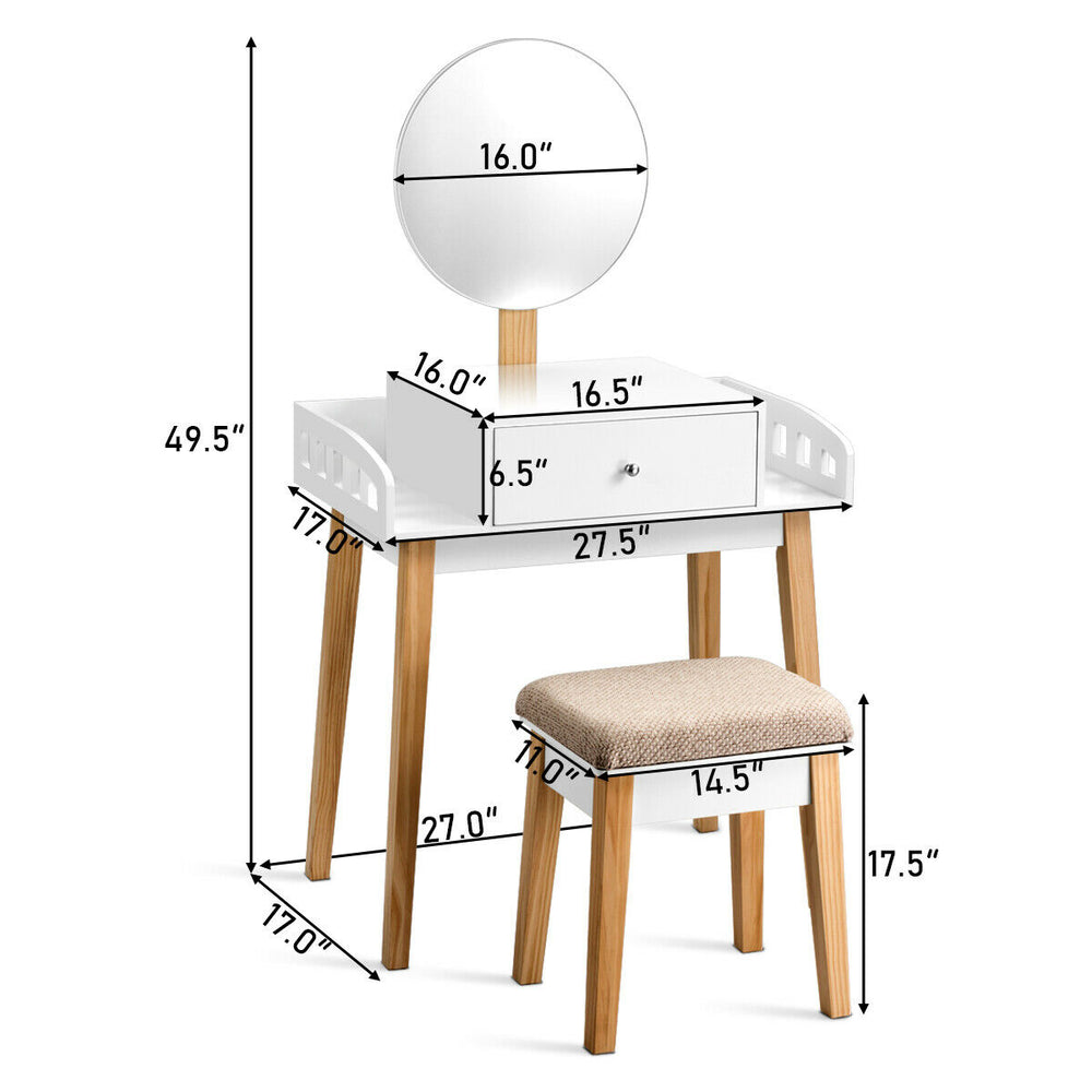 Wooden makeup dressing mirror table set with drawer, round mirror, and cushioned stool for stylish home decor.