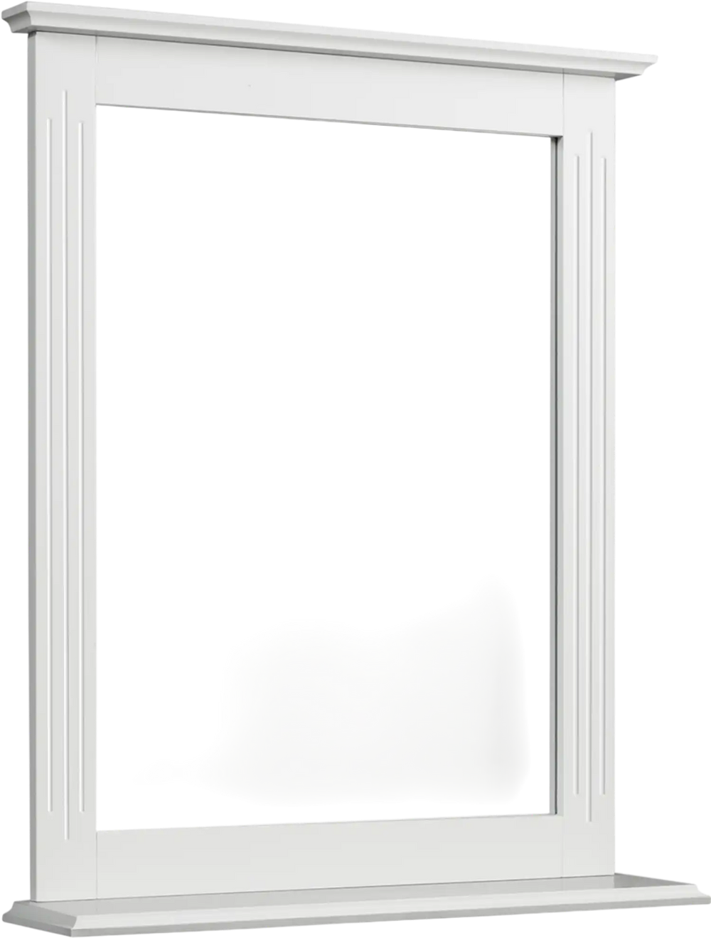 Wall-mounted white vanity mirror with shelf, featuring high-quality MDF and elegant groove design for versatile home.