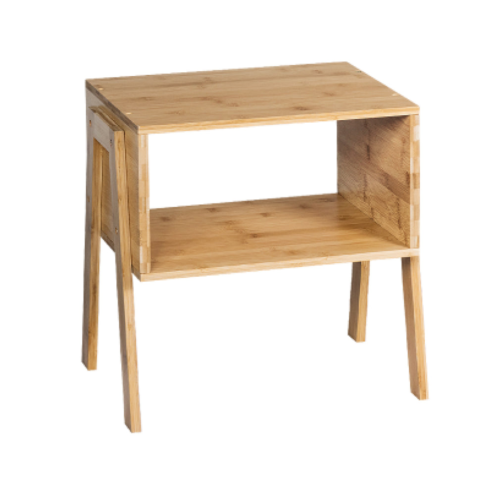 Bamboo nightstand with open storage shelf, compact design, perfect for living room or bedroom organization.