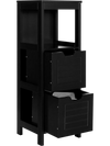 Black wooden floor cabinet with two drawers and three shelves, ideal for bathroom or living room storage.