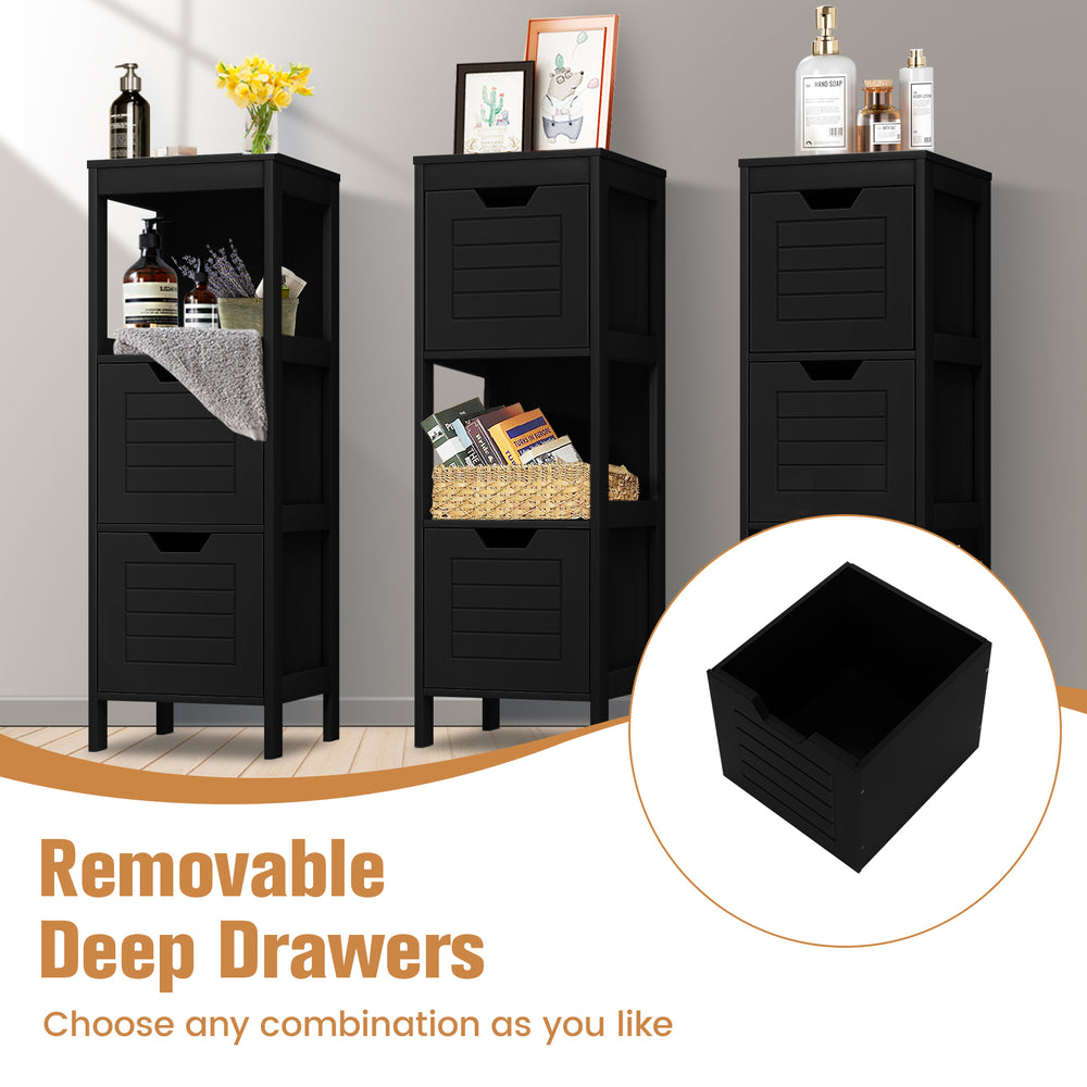 Black wooden floor cabinet with three shelves and removable deep drawers for versatile storage in any room.