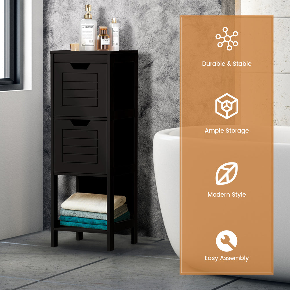 Black wooden floor cabinet with two drawers, modern design, ample storage for bathroom or living room organization.