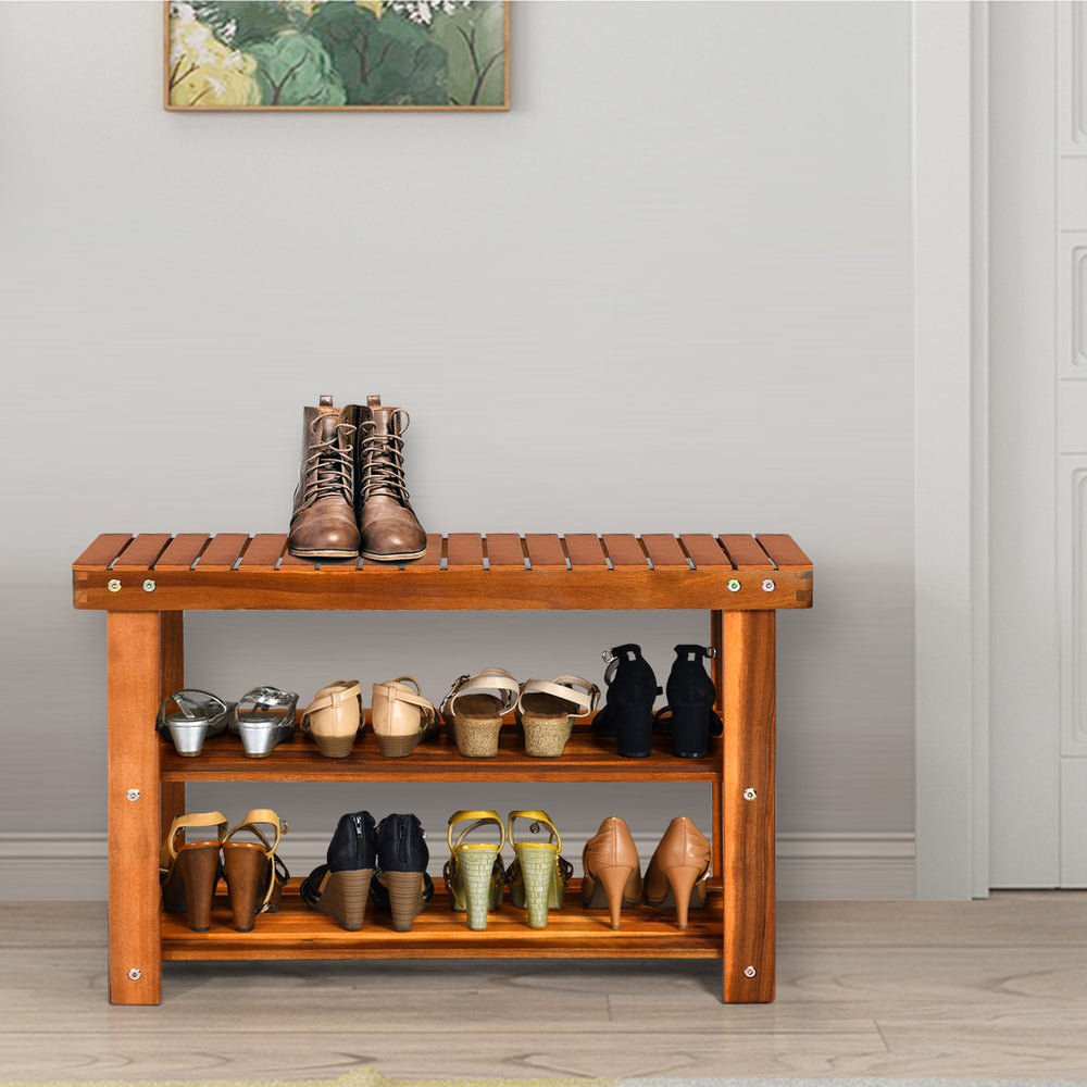 Freestanding wood bench with three-tier storage shelves, made of acacia wood, ideal for entryway or living room.