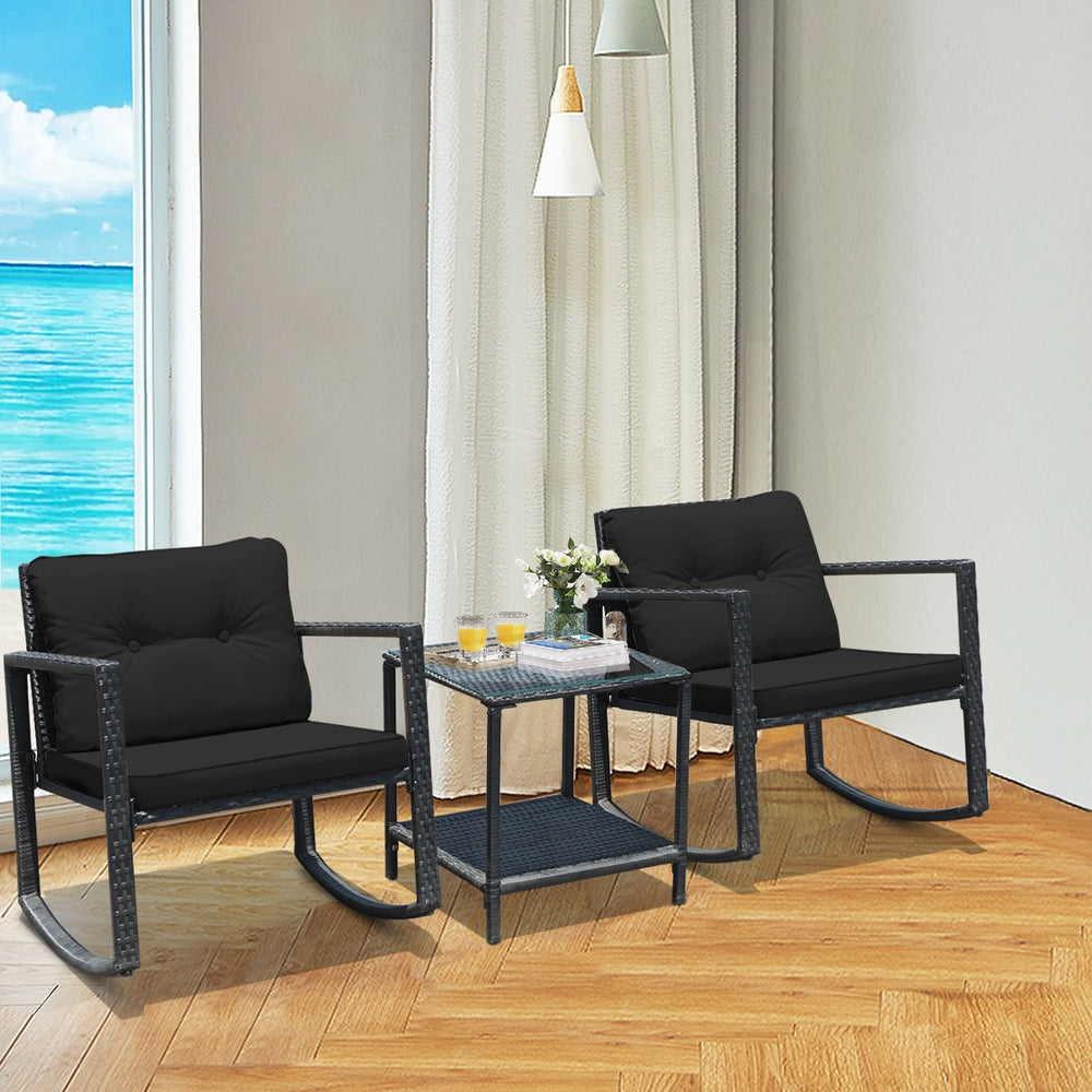 3 Pieces Cushioned Patio Rattan Set with Rocking Chair and Table-Black - Gallery View 1 of 10