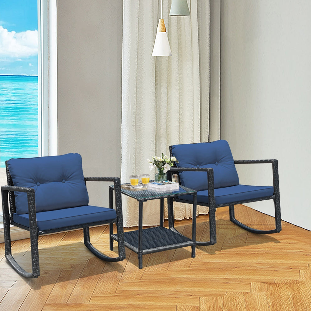 3 Pcs Patio Rattan Set Rocking Chair Cushioned Sofa Garden Furniture-Navy - Gallery View 1 of 10