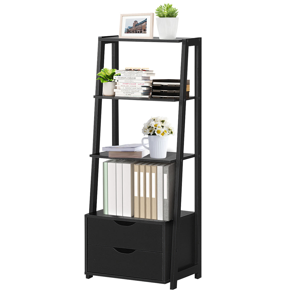 4-tier ladder bookshelf in black with 2 drawers, perfect for storage and display in any room or balcony.
