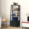 4-tier ladder bookshelf in black showcasing open shelves and 2 drawers, perfect for stylish organization in any space.