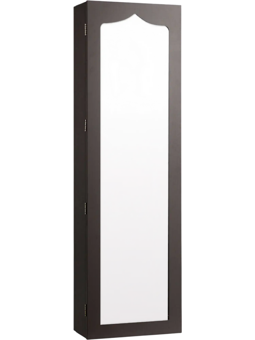 Full-length brown mirror jewelry armoire with 5 LED lights, wall-mounted or door-hanging for organized storage.