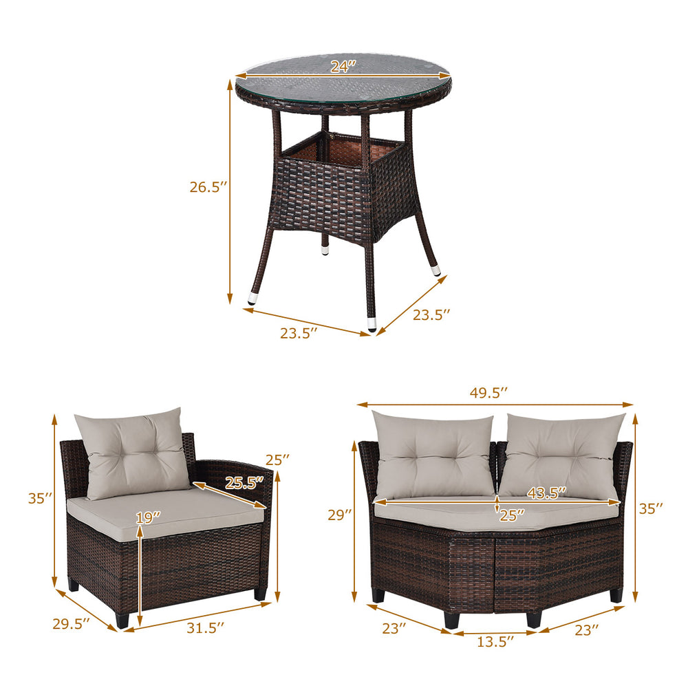 4-piece outdoor wicker sofa set with cushions and coffee table, made of durable rattan and steel, ideal for patio use.