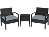 Two black rattan chairs with gray cushions and a matching table, perfect for outdoor patio relaxation.