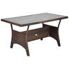 Hand-woven rattan outdoor dining table with slatted top, sturdy steel frame, ideal for patio or garden use.