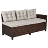 Three-piece hand-woven rattan outdoor sofa set with soft cushions, ideal for dining and relaxing in gardens or patios.