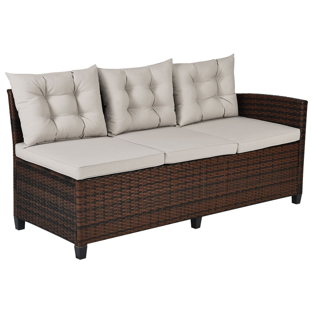 Three-piece hand-woven rattan outdoor sofa set with soft cushions, ideal for dining and relaxing in gardens or patios.