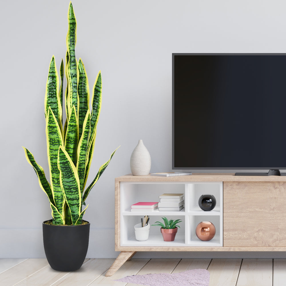 Tall artificial snake plant with 20 vivid leaves in a sturdy pot, perfect for indoor or outdoor decoration.