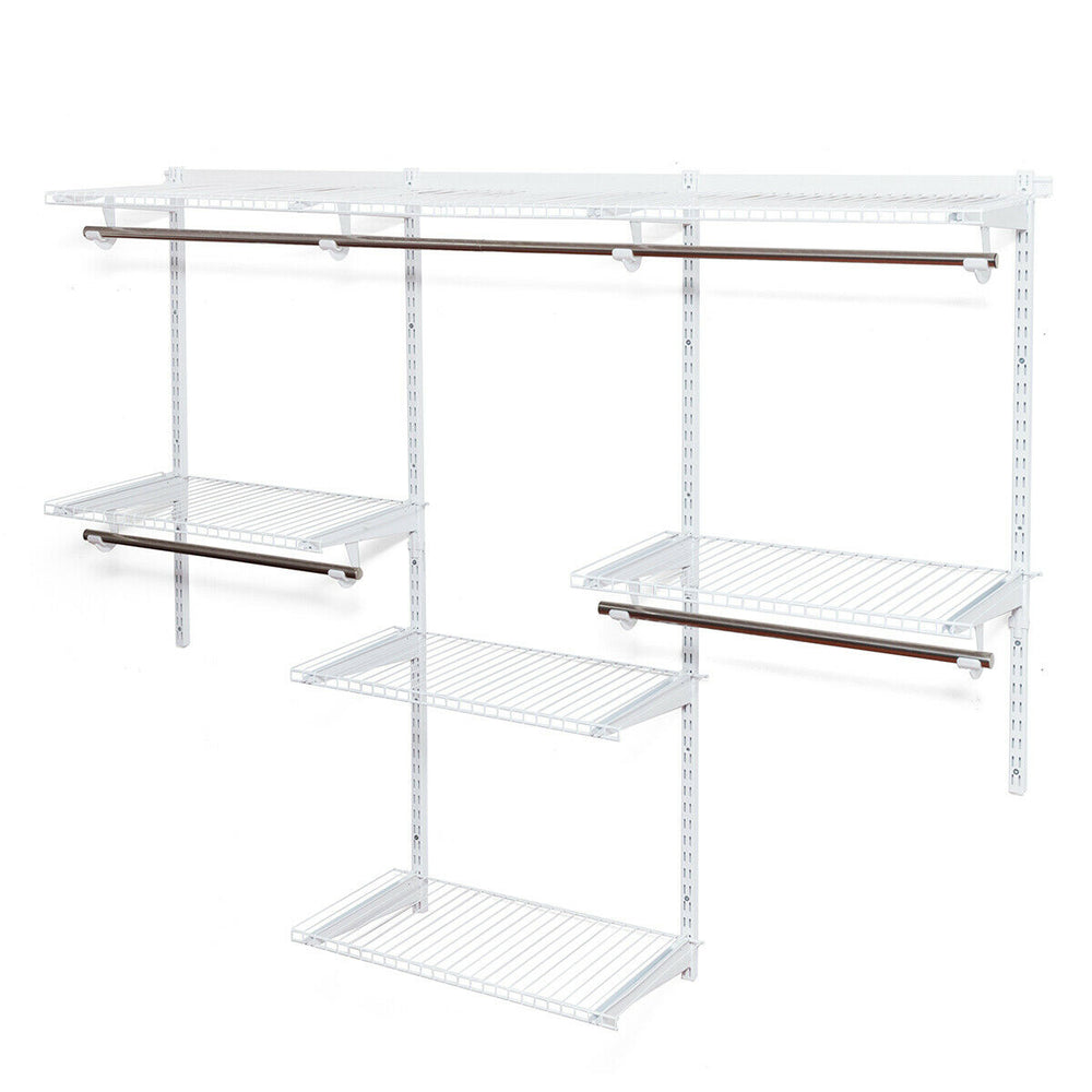 Adjustable wall-mounted closet rack system with shelves and rods, made of powder-coated steel for durability and.