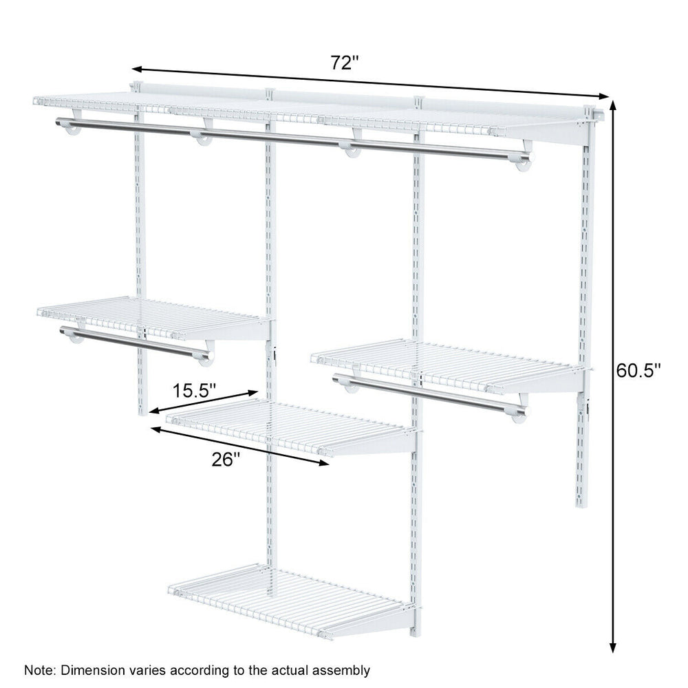 Adjustable wall-mounted closet rack system with shelves, made of powder-coated steel, ideal for organizing clothing and.