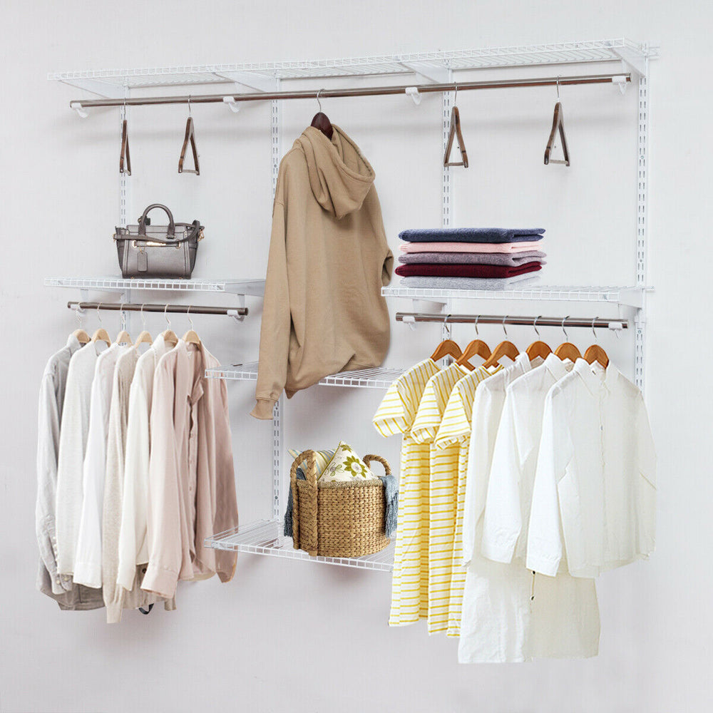 Adjustable wall-mounted closet rack system in white with shelves and hanging rods, ideal for organizing clothing and.