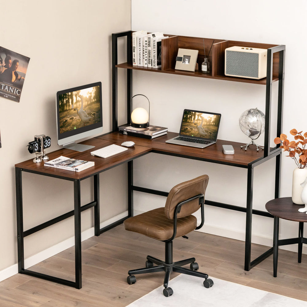 Reversible L-Shaped Corner Desk with Storage Bookshelf-Walnut - Gallery View 1 of 10