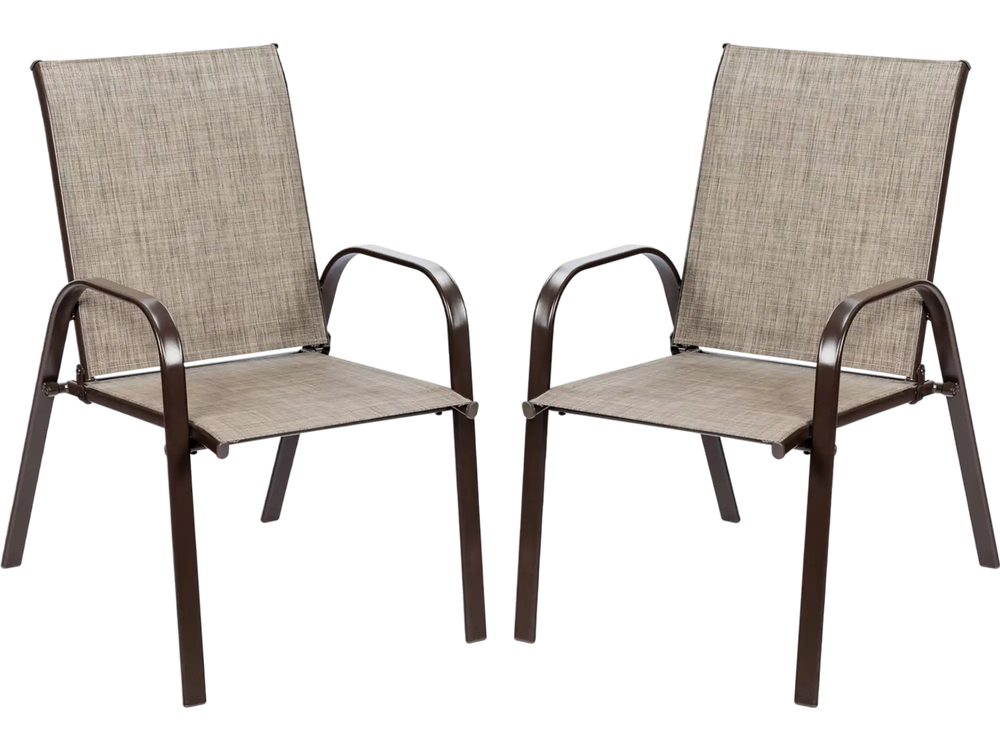 Set of 2 gray patio chairs with armrests, featuring a heavy-duty steel frame and breathable fabric for outdoor comfort.