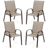 Set of four gray outdoor dining chairs with armrests, featuring a heavy-duty steel frame for patio or garden use.