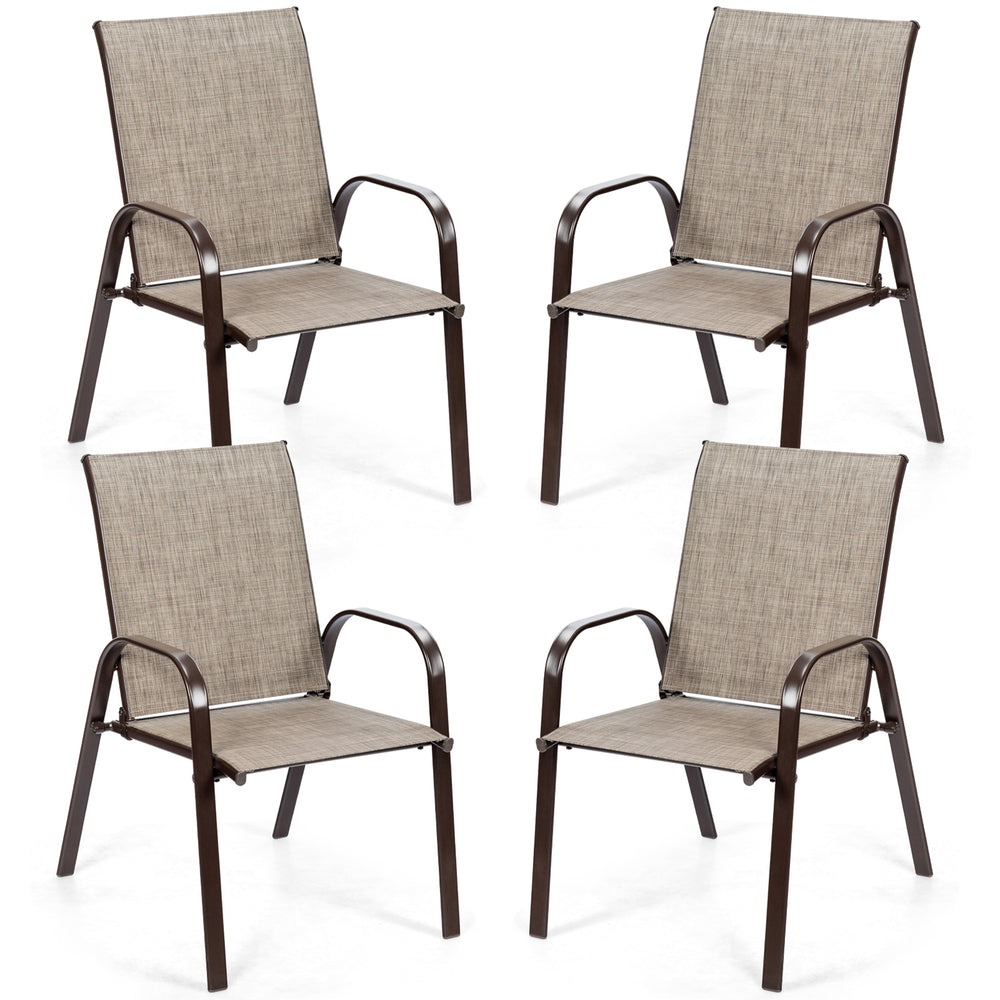 Set of four gray outdoor dining chairs with armrests, featuring a heavy-duty steel frame for patio or garden use.