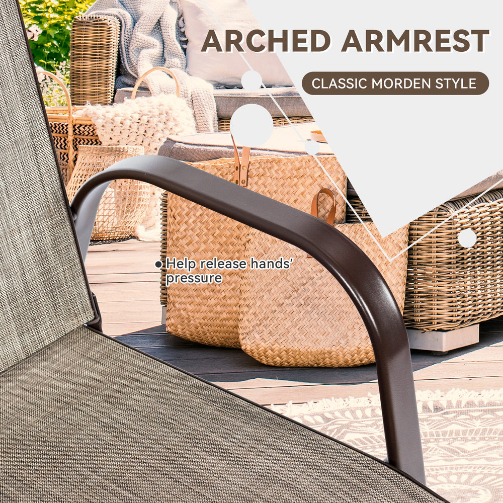 Curved armrest of a gray patio chair showcasing heavy-duty steel frame for comfort and stability, ideal for outdoor use.