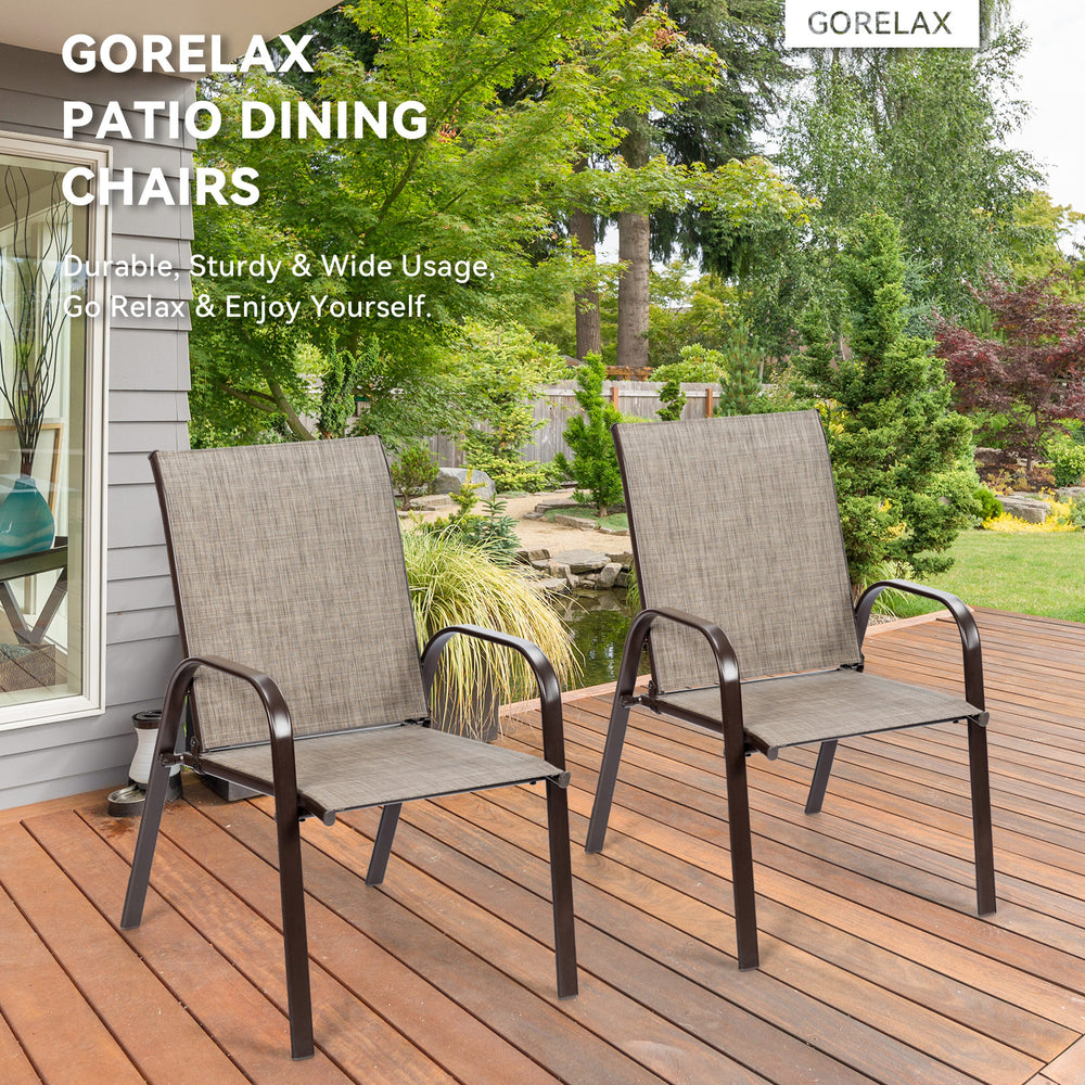 Two gray patio dining chairs with armrests, featuring a heavy-duty steel frame, perfect for outdoor relaxation.