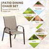 Gray patio dining chair with armrest, heavy-duty steel frame, suitable for outdoor use in garden or poolside settings.