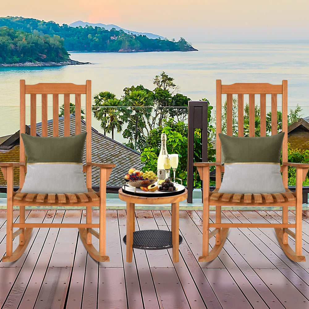 Outdoor rocking chair made of premium eucalyptus wood, featuring a contoured slatted seat for patio relaxation.