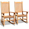 Two outdoor rocking chairs made of premium eucalyptus wood, featuring a contoured slatted seat and high back for.