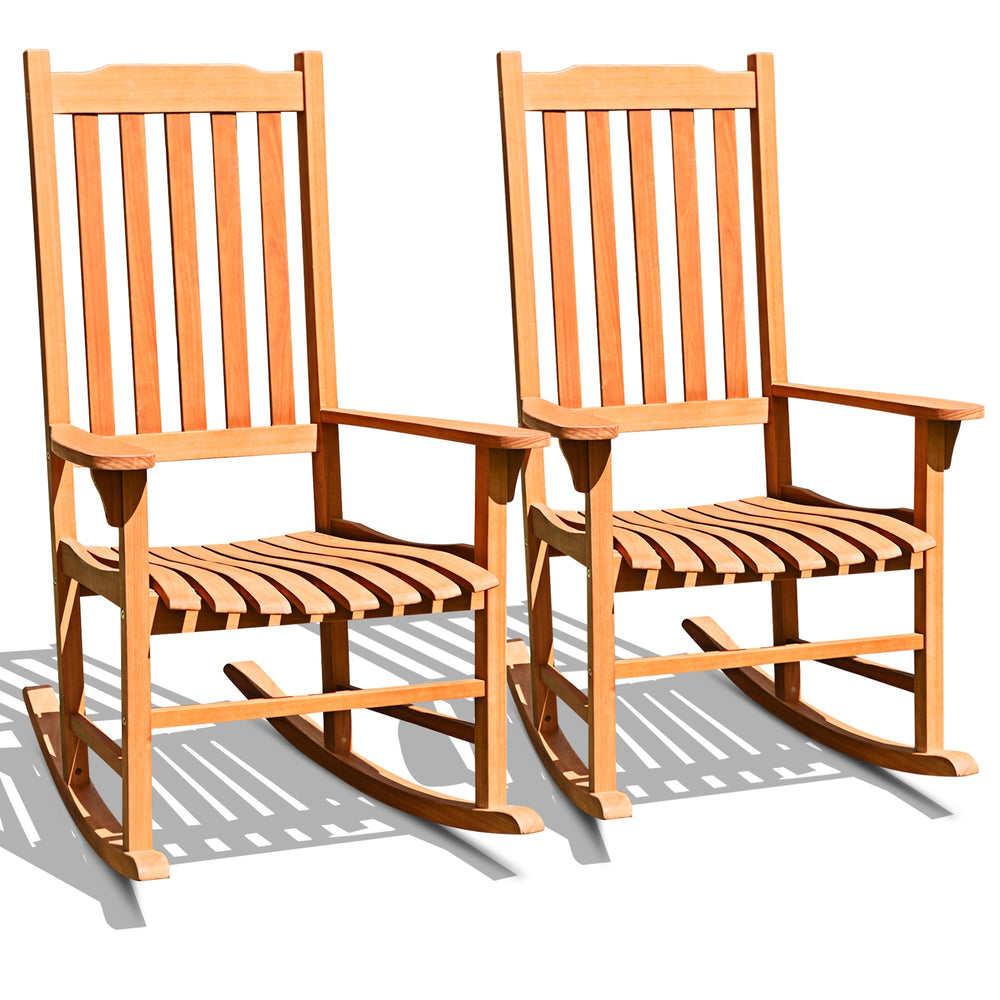 Two outdoor rocking chairs made of premium eucalyptus wood, featuring a contoured slatted seat and high back for.