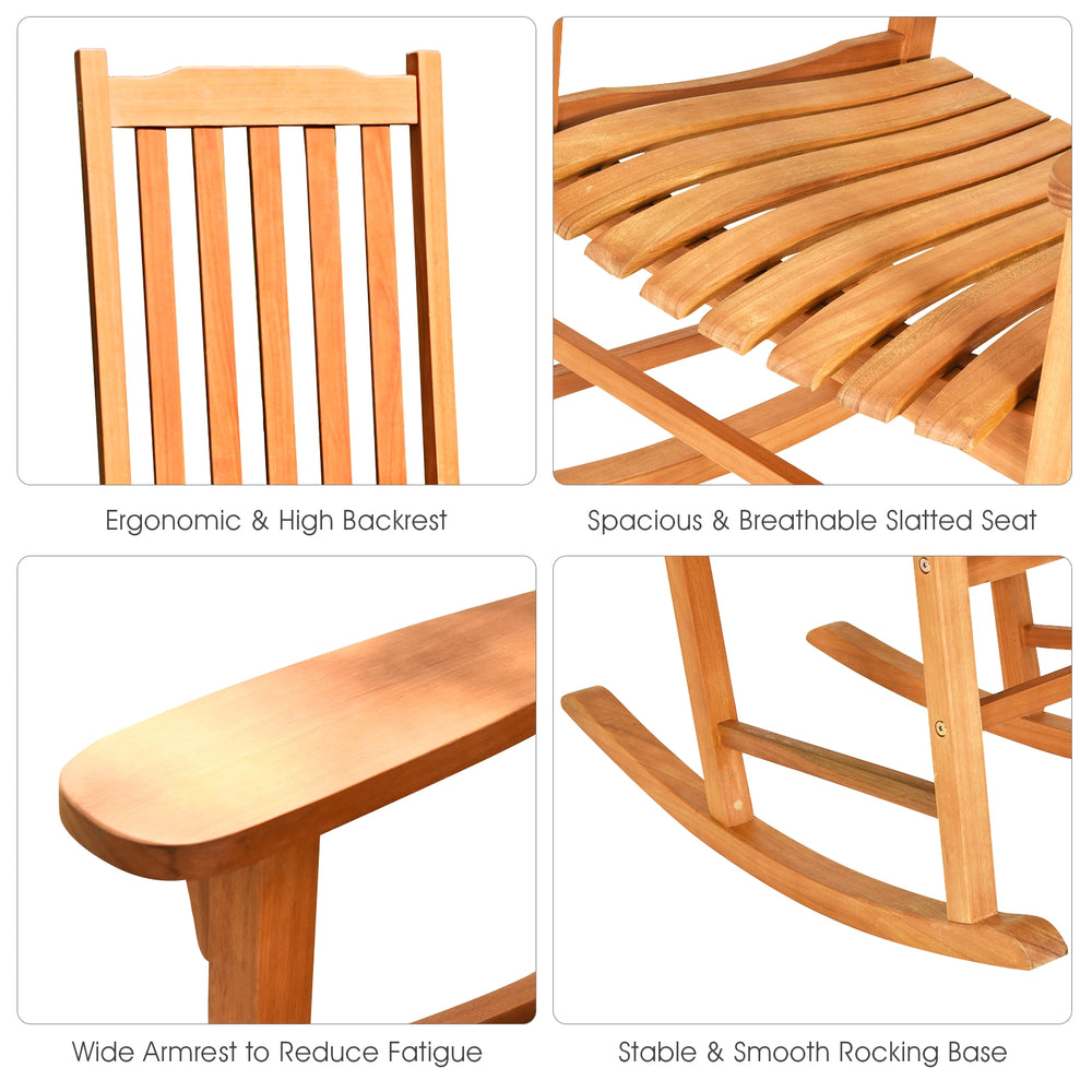 Single outdoor rocking chair featuring a contoured slatted seat, high back, and widened armrests for ultimate comfort.