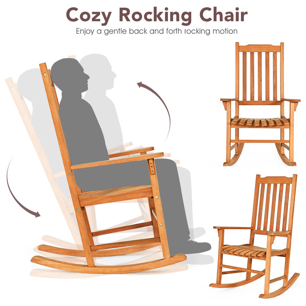 Outdoor rocking chair with contoured slatted seat, made of premium eucalyptus wood, perfect for patio relaxation.
