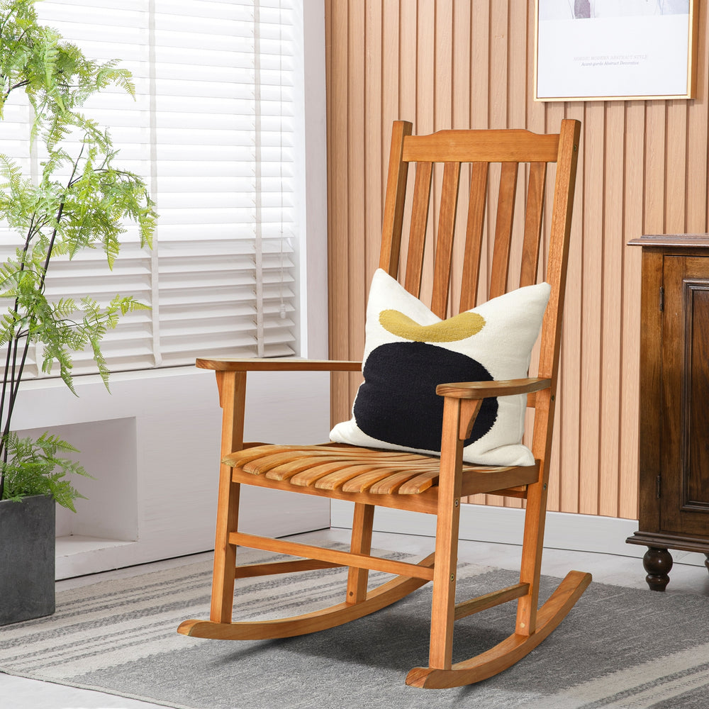Single outdoor rocking chair made of premium eucalyptus wood with a contoured slatted seat, perfect for patio.