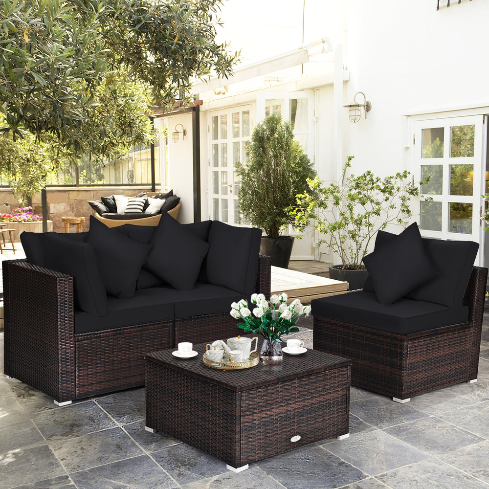 4 Pieces Ottoman Garden Patio Rattan Wicker Furniture Set with Cushion-Black - Gallery View 1 of 10