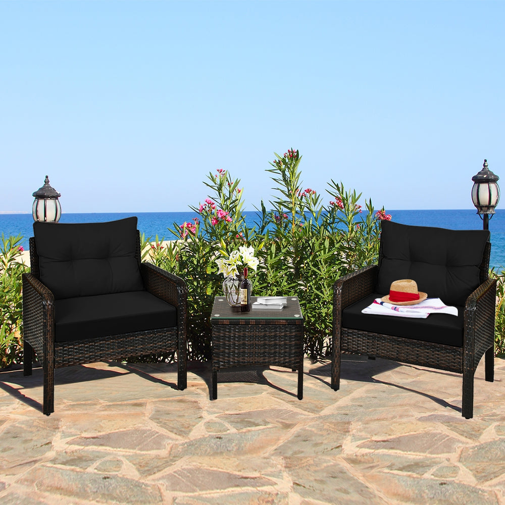 3 Pcs Outdoor Patio Rattan Conversation Set with Seat Cushions-Black - Gallery View 1 of 13