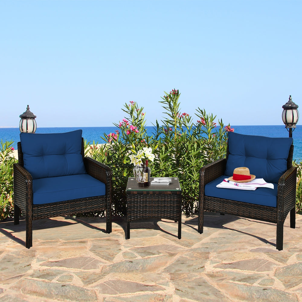 3 Pieces Outdoor Patio Rattan Conversation Set with Seat Cushions-Navy - Gallery View 1 of 12