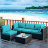 Turquoise cushion detail on a corner sofa from the 5-piece patio rattan furniture set, designed for ultimate comfort.