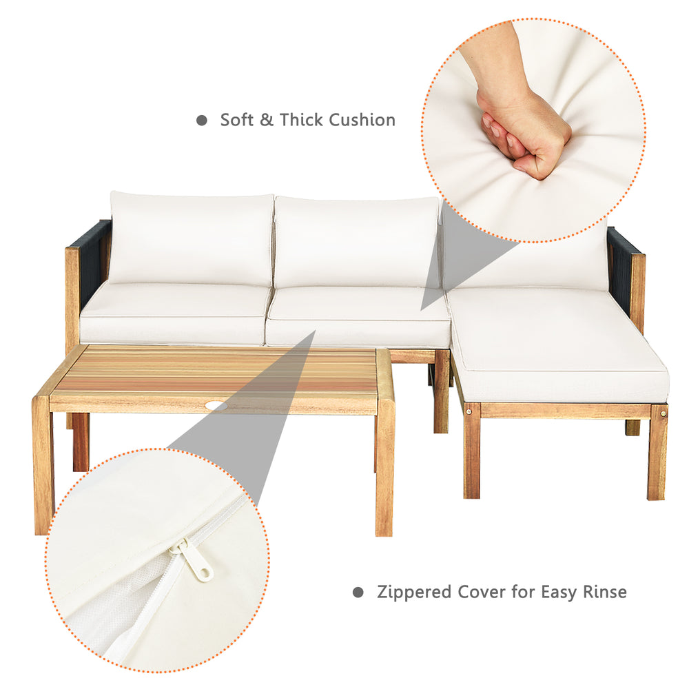 Close-up of the soft, thick cushion with a zippered cover for easy cleaning on the acacia wood patio sofa set.