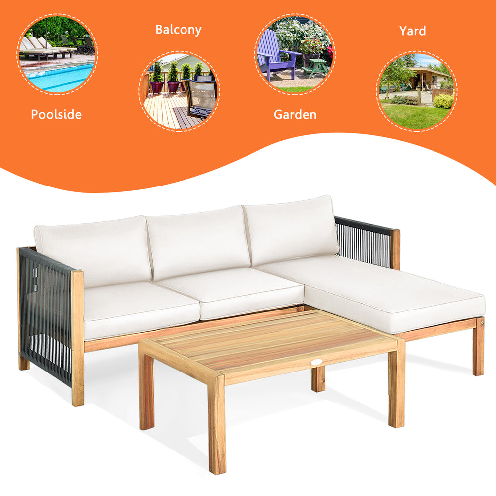 3-piece patio sofa set with acacia wood frame and nylon rope armrest, featuring thick cushions for comfort, ideal for.