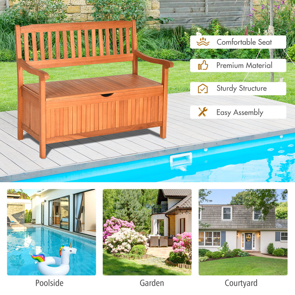 Wooden storage bench with flip-top lid, made of premium eucalyptus, perfect for patio or garden seating and storage.