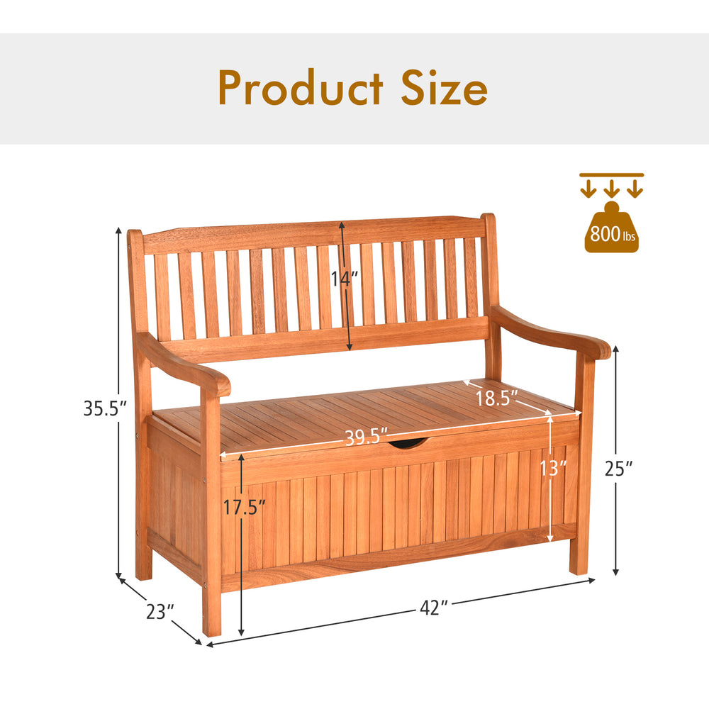 33-gallon wooden storage bench with a flip-top lid, natural teak color, ideal for patio or garden seating and storage.