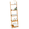 5-tier modern bamboo wall-leaning display ladder bookshelf for versatile storage in small spaces, ideal for living room.