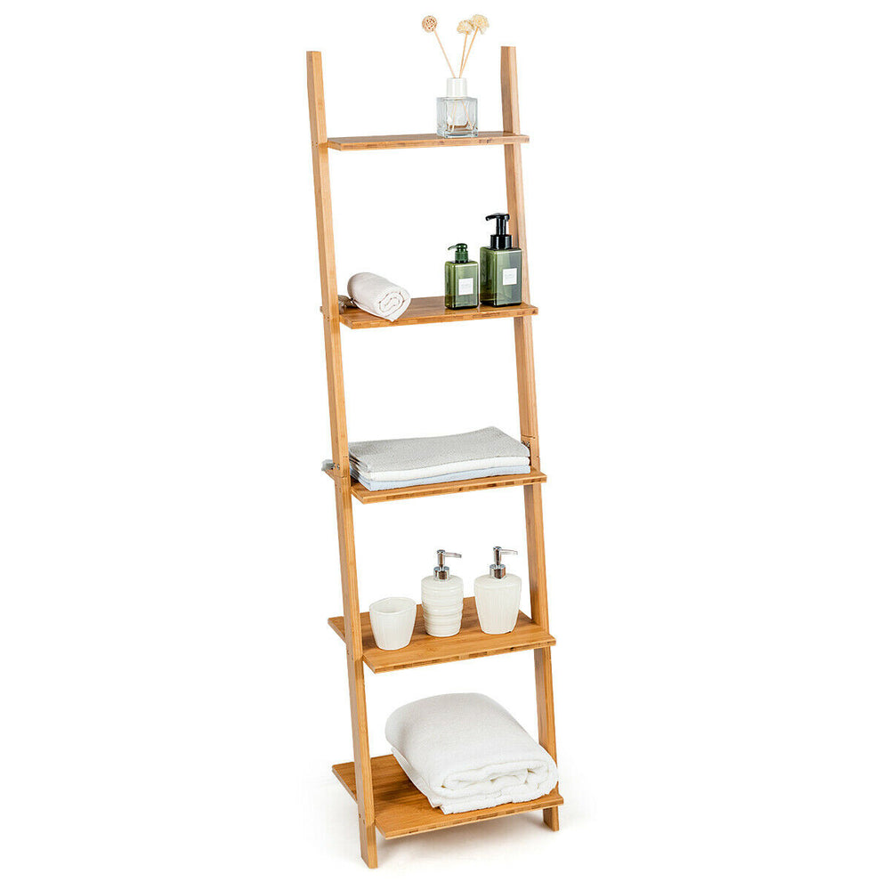 5-tier modern bamboo wall-leaning display ladder bookshelf for versatile storage in small spaces, ideal for living room.