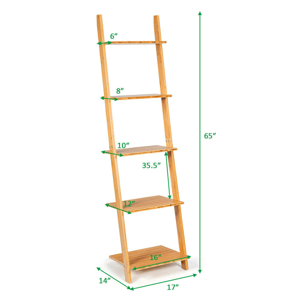 5-tier bamboo wall-leaning display ladder bookshelf with varying shelf sizes, ideal for small spaces and easy assembly.