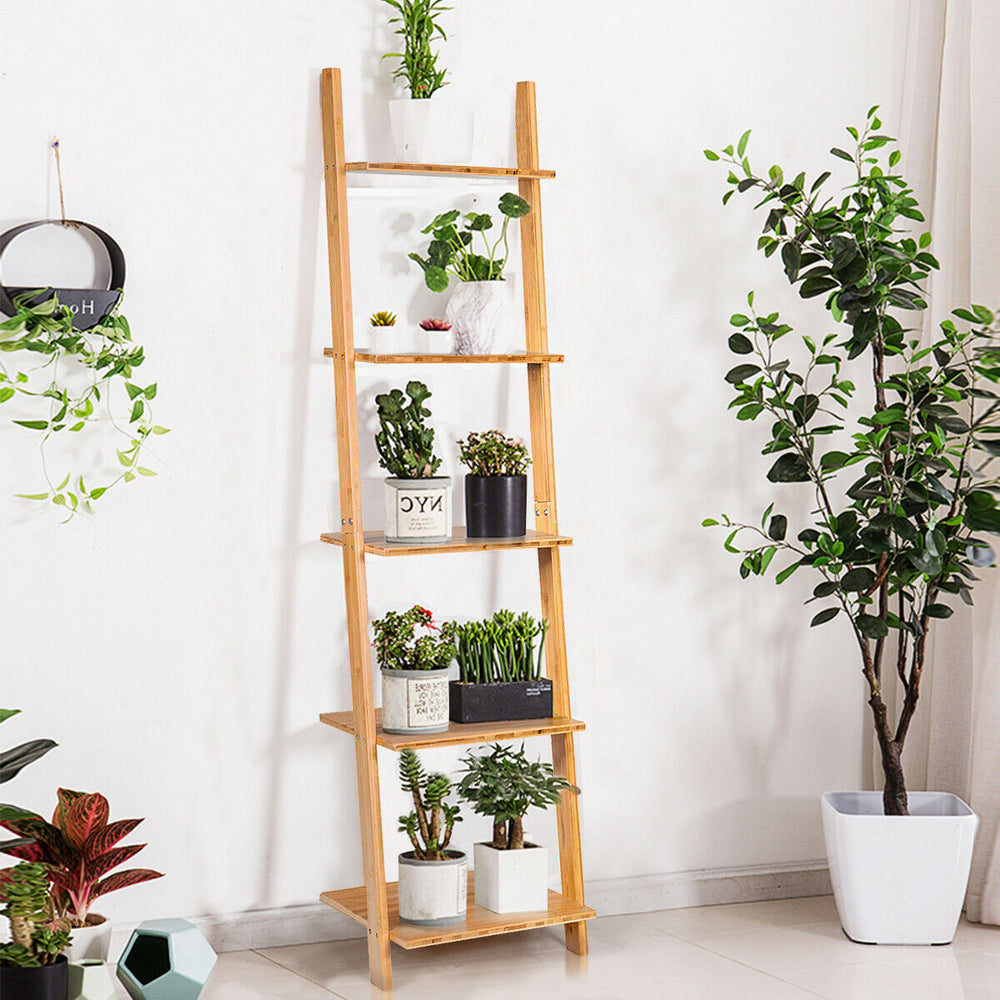 5-tier bamboo wall-leaning bookshelf showcasing plants, ideal for small spaces in living rooms or bedrooms.