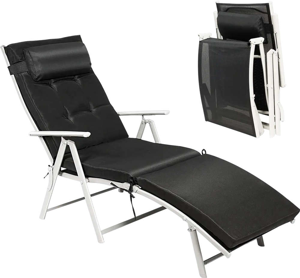 Adjustable black folding chaise lounge chair with removable pillow, ergonomic backrest, perfect for outdoor relaxation.